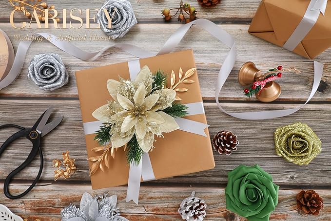 Christmas Artificial Flowers Poinsettia Flower Mix Silk Flowers Fake Roses - Image 5