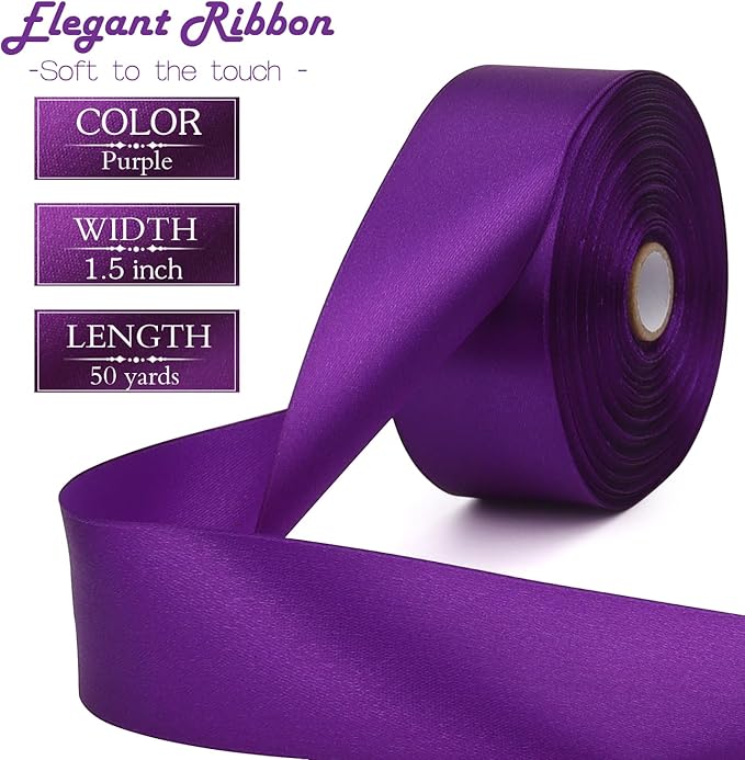 Purple Solid Satin Ribbon 1-1/2 Inch 50 Yards Solid Polyester Fabric Ribbon - Image 2