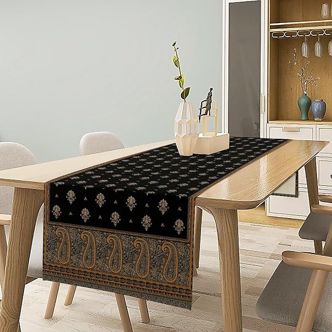 Vintage Paisley Table Runner, Boho Brown Black Flowers Leaves Print Table Runner - Image 2