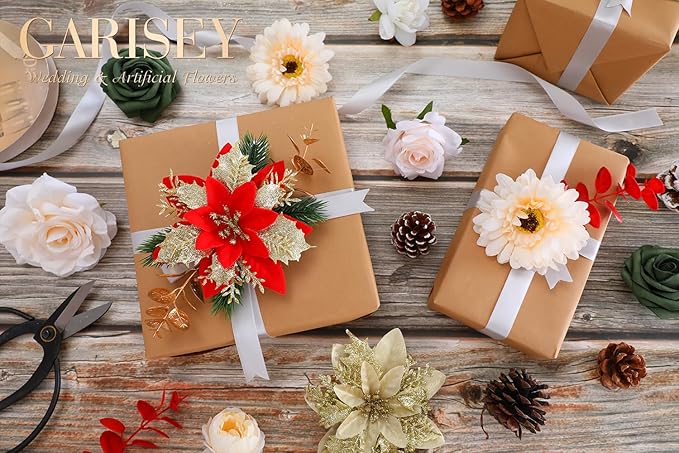 Christmas Artificial Flowers Poinsettia Flower Mix Silk Flowers Fake Roses - Image 5