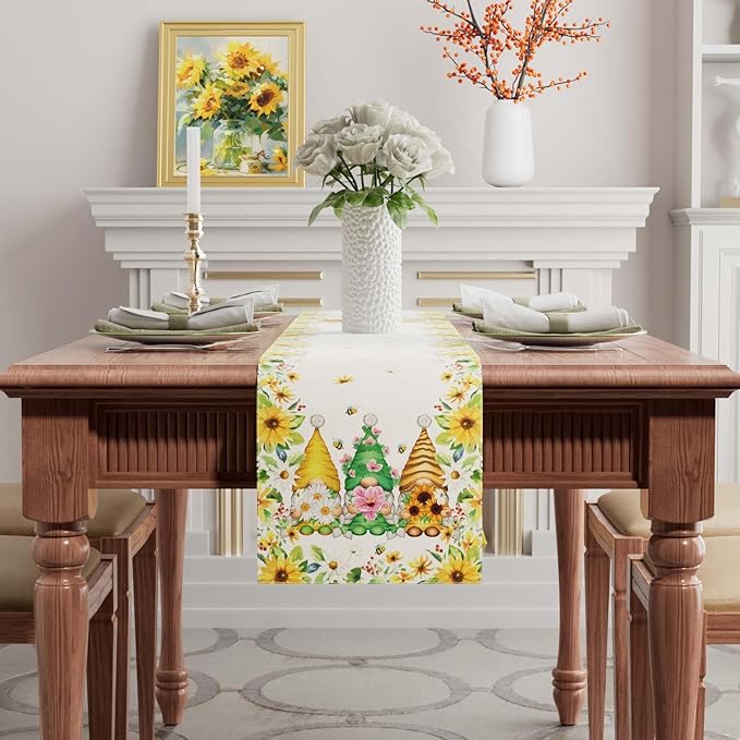 XCHI Yellow White Daisies Flowers Gnomes Spring Table Runner Burlap Table - Image 4