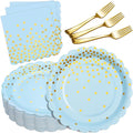 Light Blue Paper Plates and Napkins Party Supplies, Disposable Gold Dot Dessert by LOOWVY
