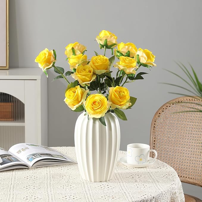 Tifuly Yellow Roses Artificial Flowers -12 pcs Realistic Single Long Stem Fake - Image 3