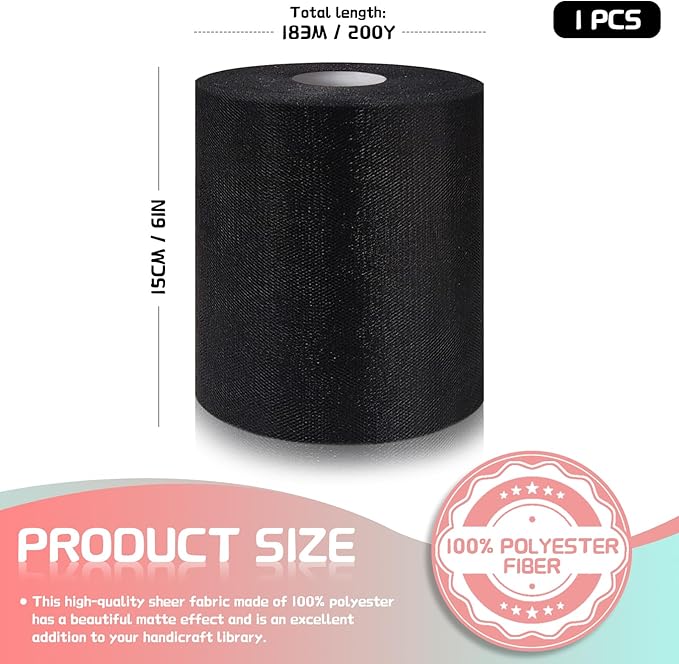 6" x 200 Yards Black Tulle Fabric Rolls - Image 2