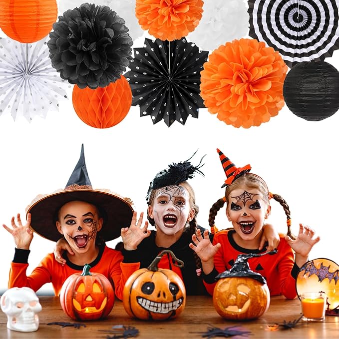 Orange-Black White Party-Decorations Paper-Flowers Lanterns - Image 7