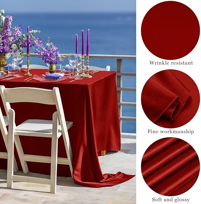 TURSTIN 1 Pack Burgundy Satin Tablecloth 102 x 58 Inch Overlay Satin Table - Image 3