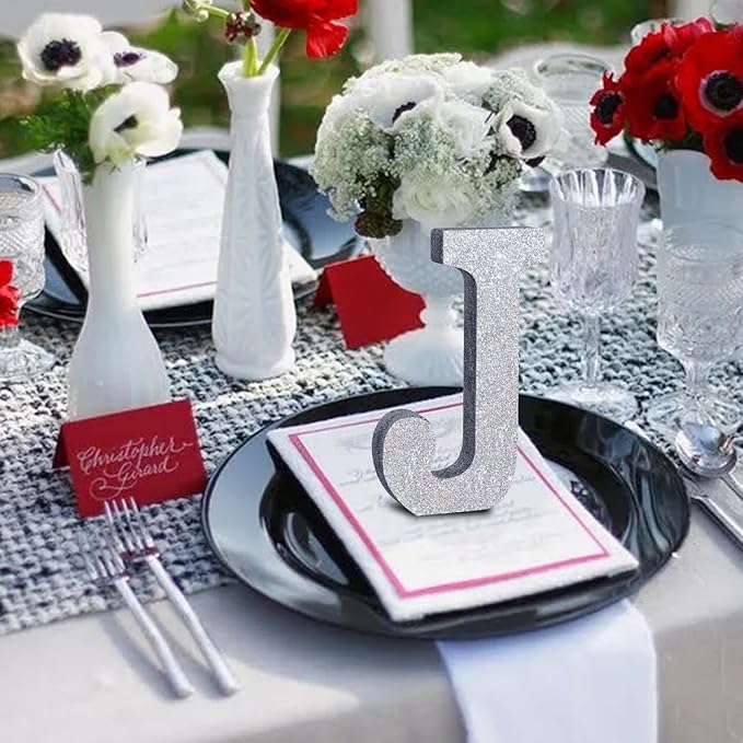 TONIFUL 8 Inch Silver Glitter Letter J Table Centerpiece A-Z Silver Birthday - Image 5