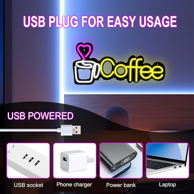 Coffee Neon Sign LED lights for Business, Dimmable 5V USB Powered for Wall Decor - Image 4