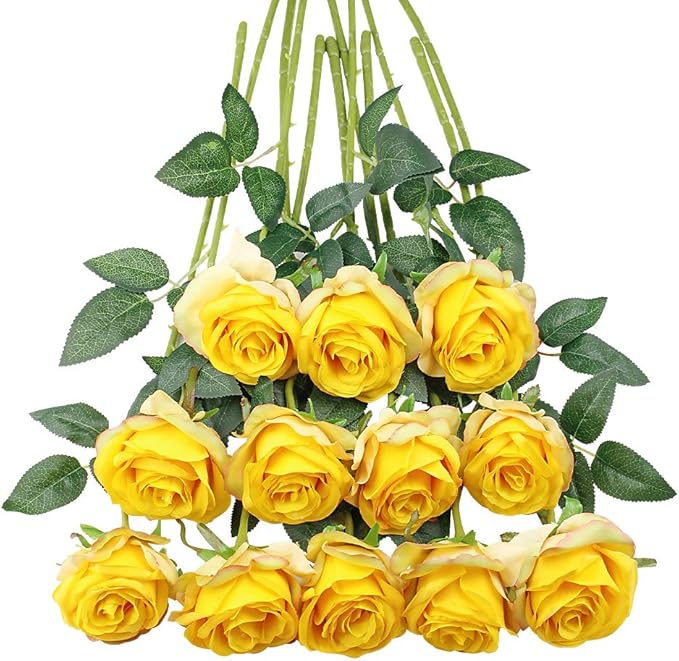 Tifuly Yellow Roses Artificial Flowers -12 pcs Realistic Single Long Stem Fake by Tifuly