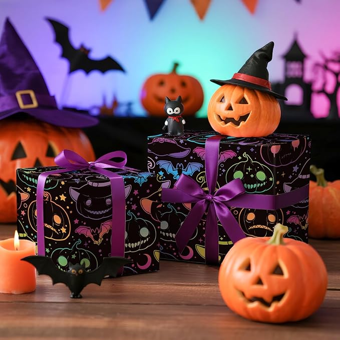 LeZakaa Halloween Pumpkin Wrapping Paper Roll, Neon Pumpkin Witch Hat Bat - Image 4