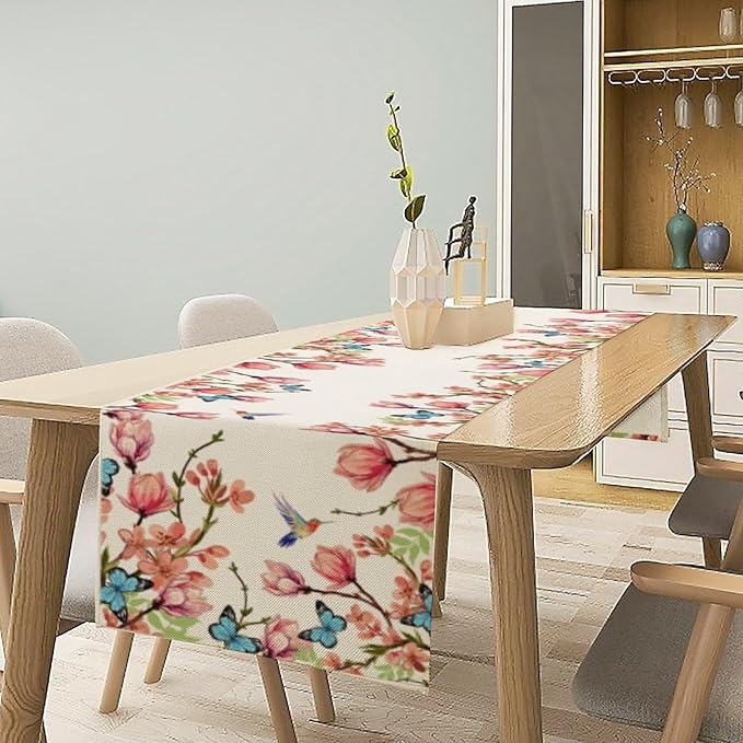 Spring Floral Bird Table Runner, Watercolor Pink Flower Plants Nature Butterfly - Image 7