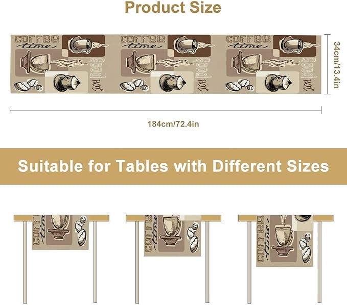 Coffee Table Runner, Vintage Style Coffee Cup Bean Abstract Theme Pattern Print - Image 2