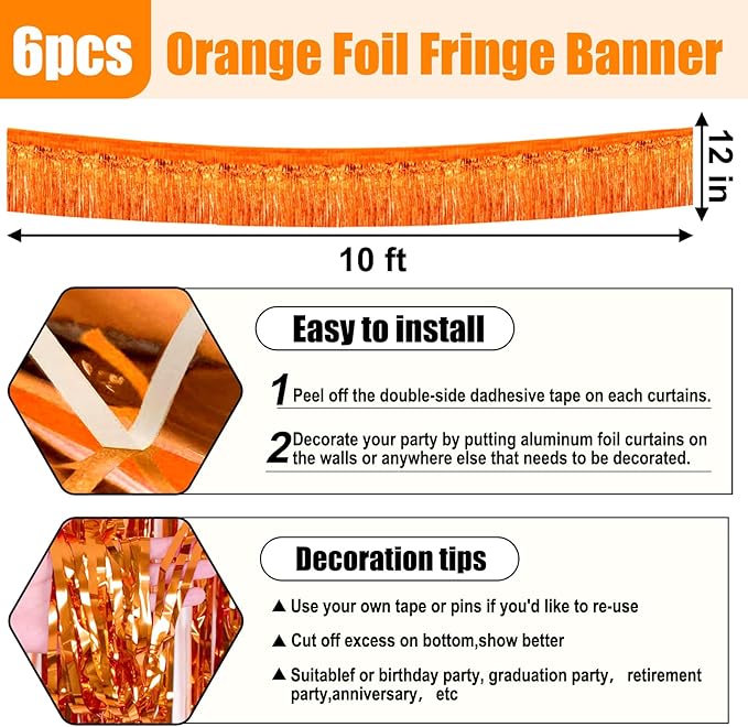6 Pack 10 Feet Orange Foil Fringe Garland Metallic Tinsel Streamers Banner Wall - Image 2