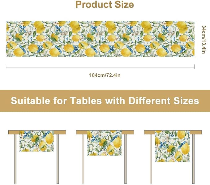 Lemon Table Runner, Watercolor Fruit Green Leaves Spring Summer Table Cloth - Image 7