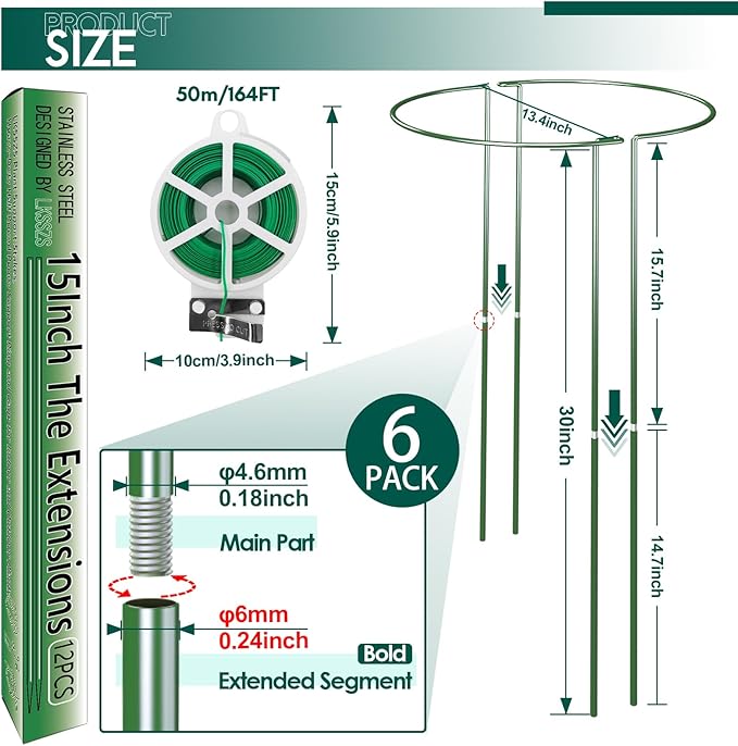 6 Pack 30 inch Plant Support Stakes, Heavy-Duty Half Round Peony Support - Image 2