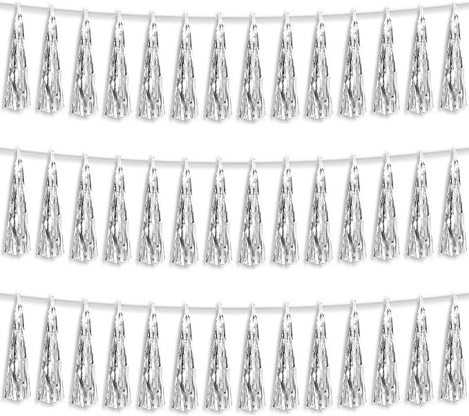 3P Silver Foil Fringe Metallic Tassel Streamers Banner Tassel Garland by HYSILLA