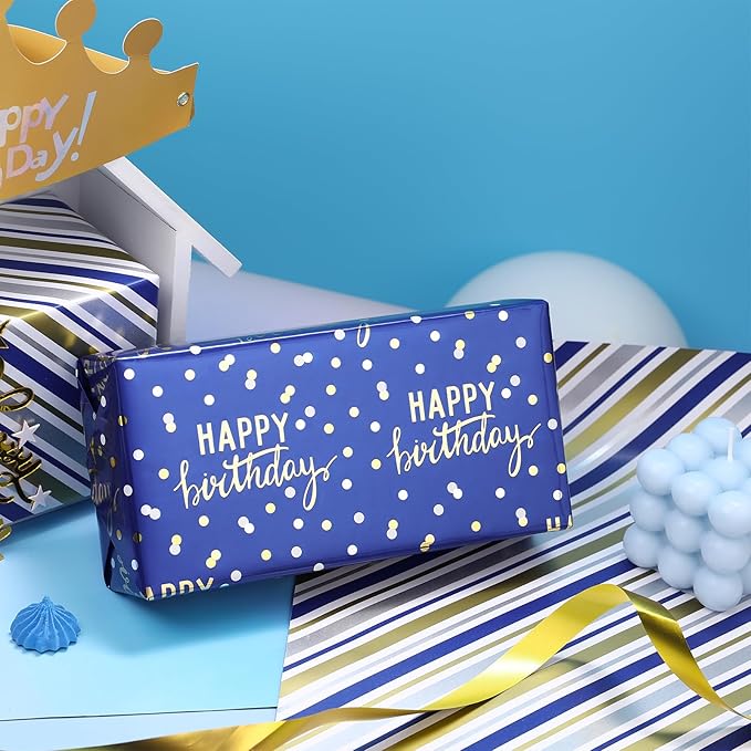 LeZakaa Reversible Blue Birthday Wrapping Paper Roll - Image 3