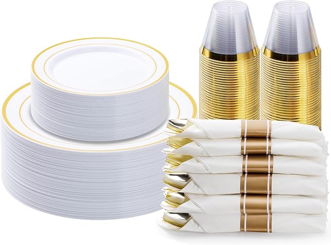 BESTVIP 175PCS Gold Plastic Dinnerware Set, Disposable Party Plates by Bestvip