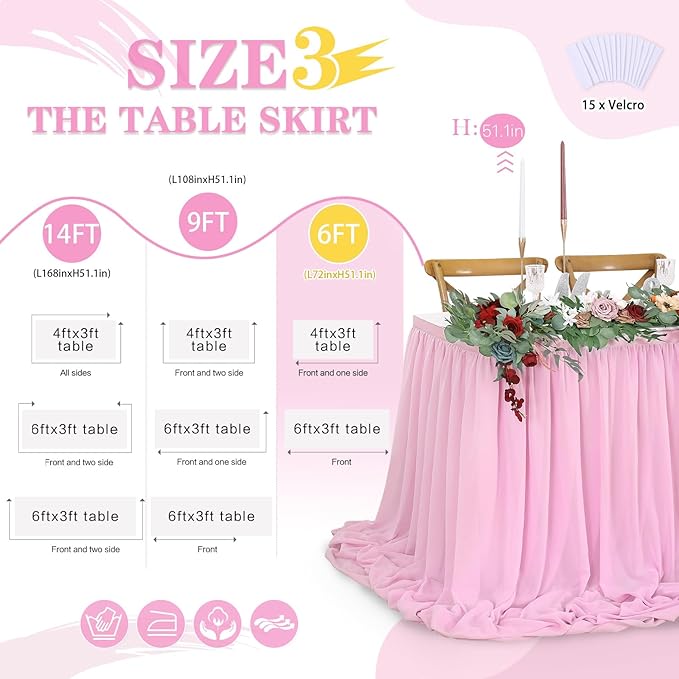 QueenDream Pink Chiffon Table Skirt 6ft Pink Table Cloth - Image 5