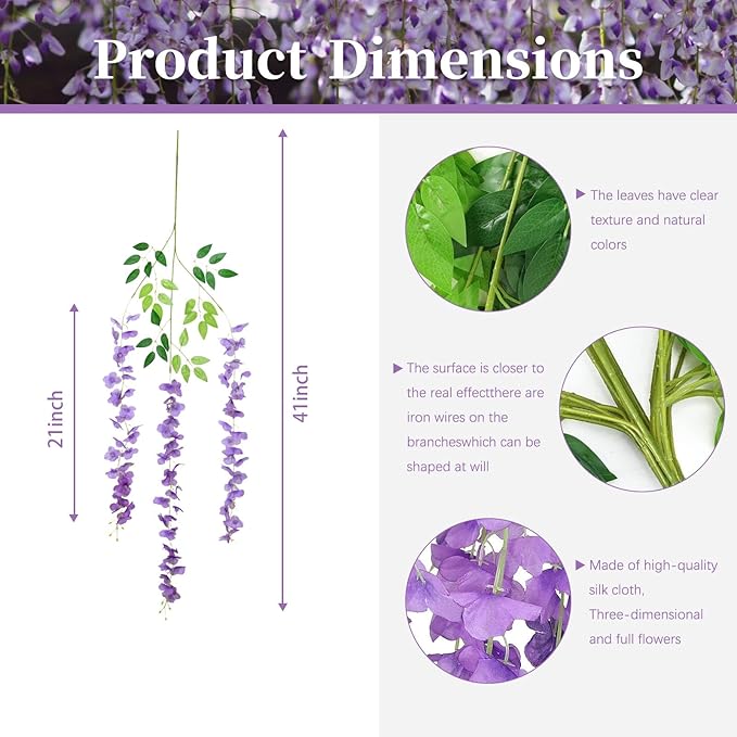 5 Pack Purple Wisteria Hanging Flowers, 3.44 Ft Fake Hanging Flowers, - Image 2