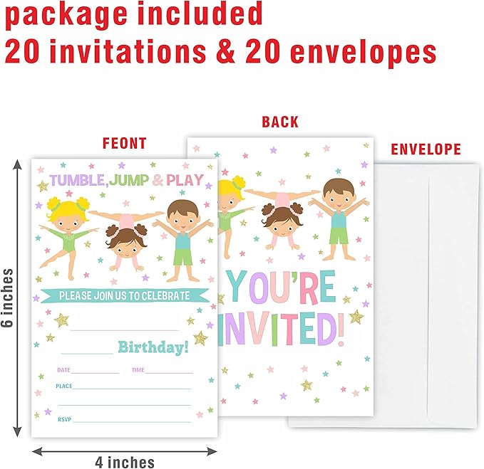 Gymnastics Birthday Party Invitation, Tumble Jump & Play Invite Cards（20 Count) - Image 2