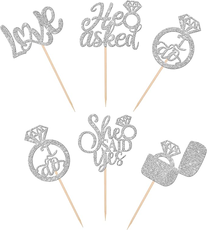 30 PCS He Asked She Said Yes Cupcake Toppers Diamond Ring Cupcake Picks Love I - Image 3