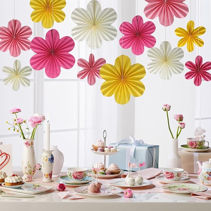 BestoFun 12 PCS Paper Flowers Fans Pink and Yellow Party Decorations Paper - Image 6