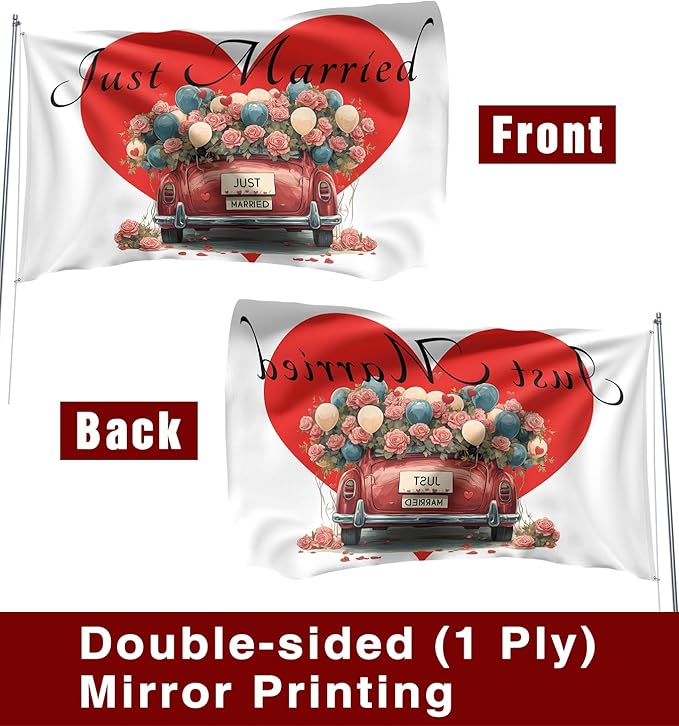 Heart Just Married Flag Banner Outdoor Indoor Decoration Flag 3x5 FT Double - Image 3