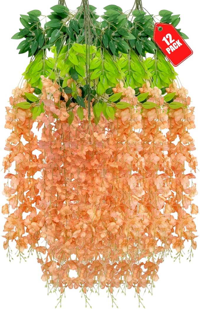 12 Pack Orange Wisteria Hanging Flowers, 3.44 Ft Fake Hanging Flowers, by ZEBMOON