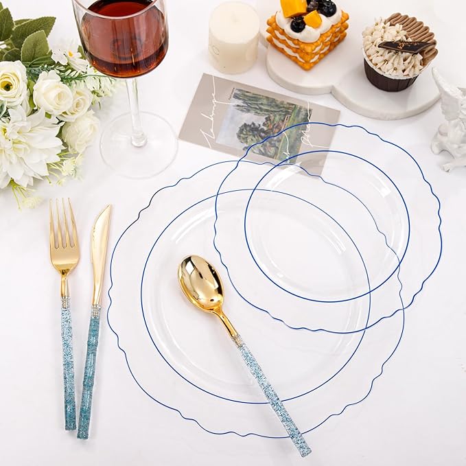 Liacere 150PCS Clear and Blue Plastic Plates-Clear and Blue Disposable Plates - Image 9