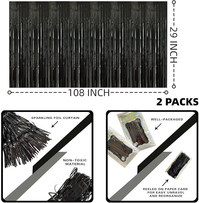 Black Streamers Party Decorations, 2 Packs Black Table Skirts Metallic Foil - Image 2