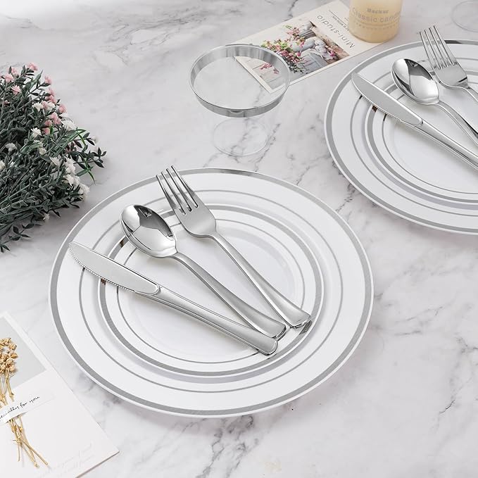 BESTVIP 300PCS Plastic Dinnerware Set, Anniversary, Includes: Dinner Plates - Image 6