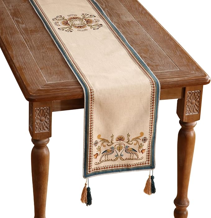 patdrea Designer Beige Farmhouse Geometric Patterned Linen Table Runner 102 by Welcometopatdrea