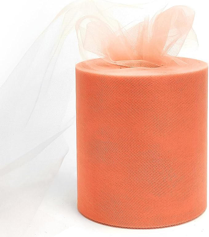 6" x 200 Yards Peach Tulle Fabric Rolls, Peach Spool Tulle Ribbon by GCVOPTON