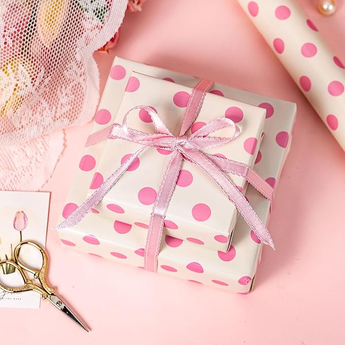 Burymento Pink and Beige Dots Wrapping Paper, Reversible Pink Gift Wrap - Image 7