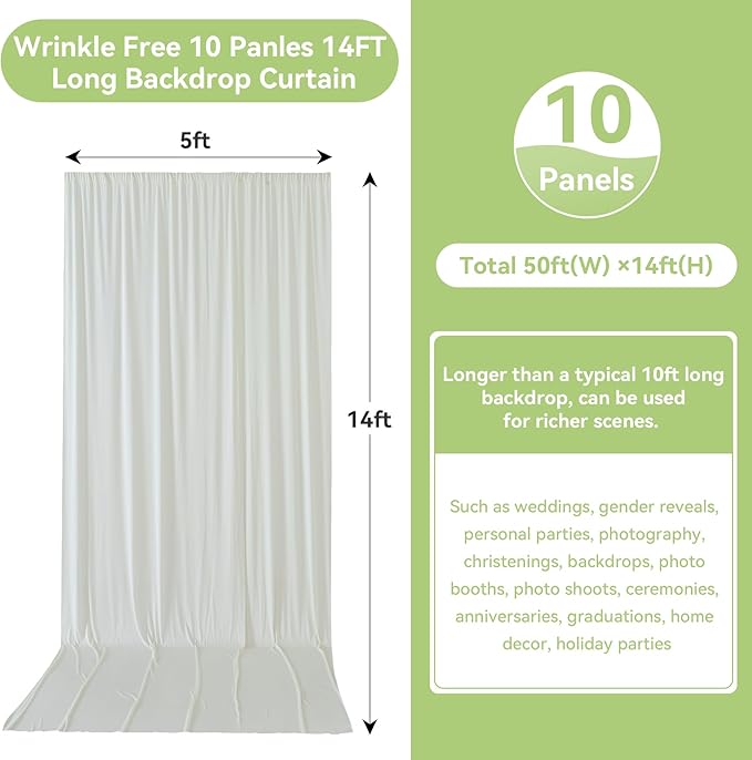 50ftx14FT Wrinkle Free Ivory Backdrop Curtain, 10 Panels 14FT Height Ivory - Image 3