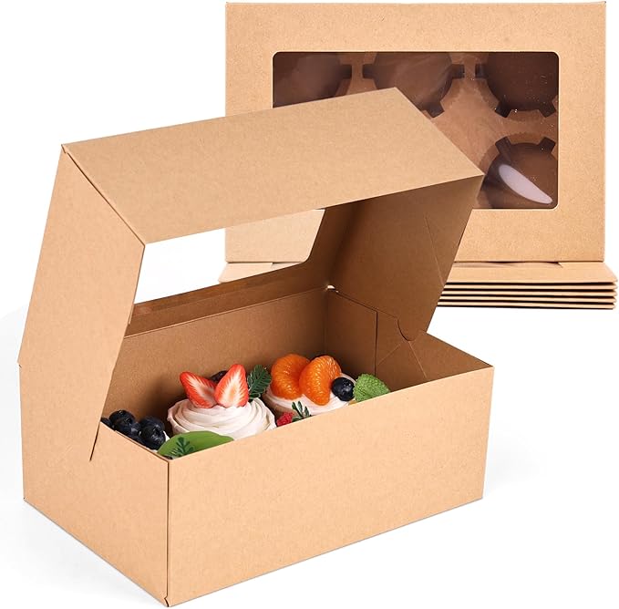 HANSGO 6 PCS Cupcake Boxes, 9.5x6.3x3.5 Inch Cupcake Containers Brown Pastry by HansGo