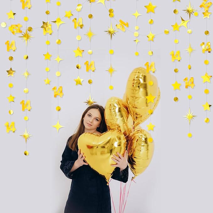 Gold 14th Birthday Decorations Number 14 Circle Dot Star Garland Metallic - Image 4