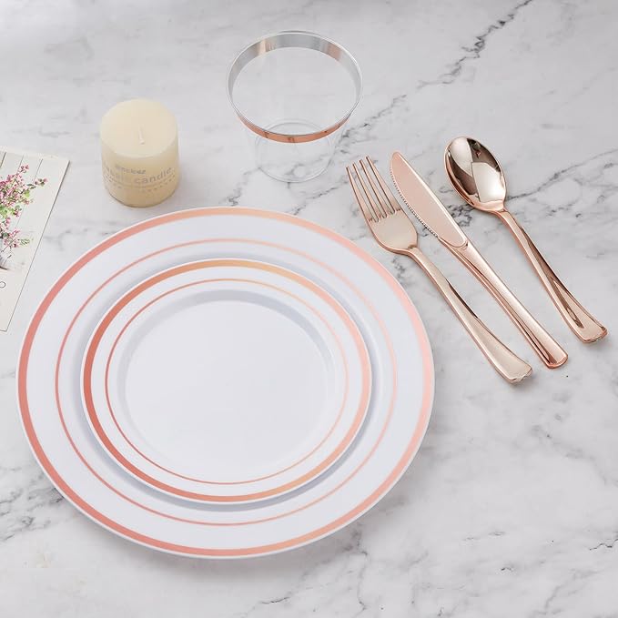 BESTVIP 300PCS Plastic Dinnerware Set, Rose Gold Disposable Plates - Image 5