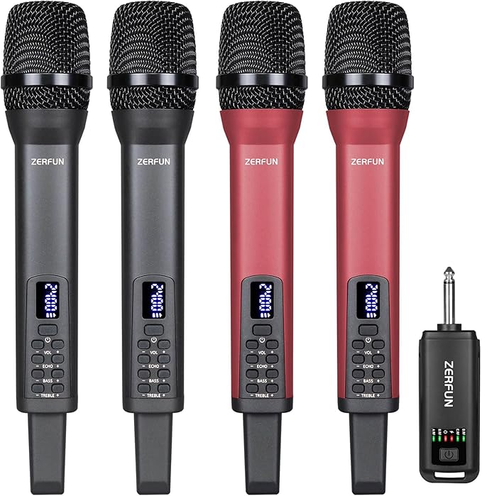 Rechargeable Wireless Microphones 4, Pro Handheld Cordless Mics System Dynamic by ZERFUN
