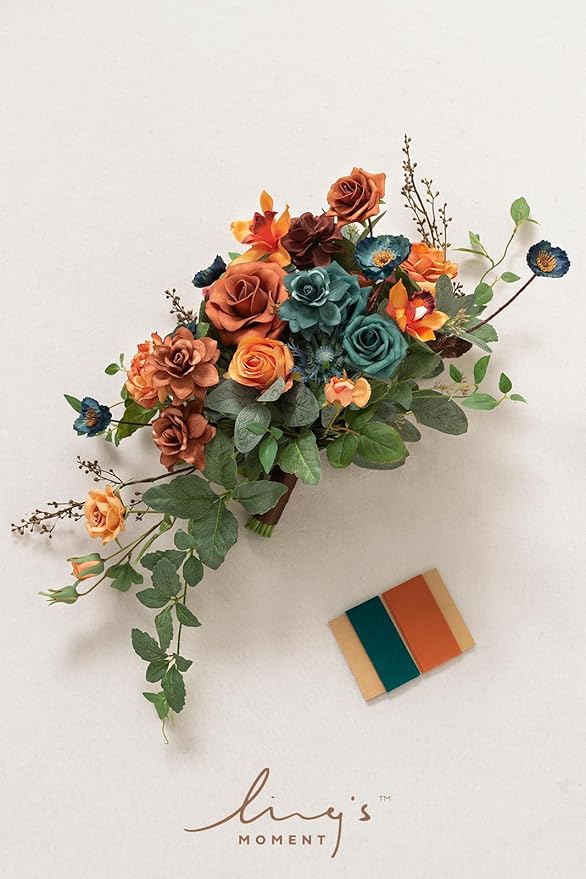 Ling's moment Teal Bridal Bouquet Cascading, Burnt Orange Wedding Bouquets - Image 6
