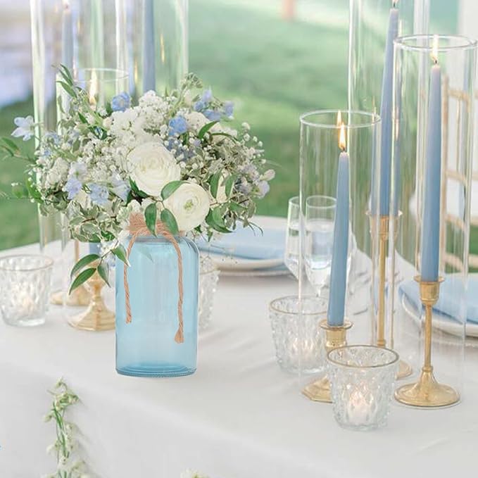 Vintage Glass Flower Vase，6 Pack Blue Farmhouse Glass Centerpiece Vases Mason - Image 5