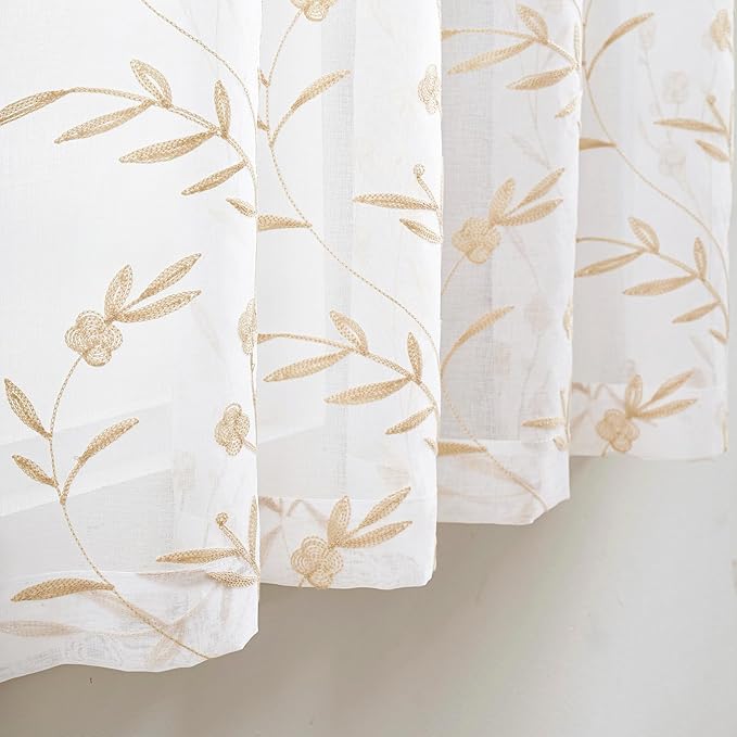 Sheer Curtains Embroidery 63 Inch Length White-Beige Rod Pocket Voile Drapes - Image 4