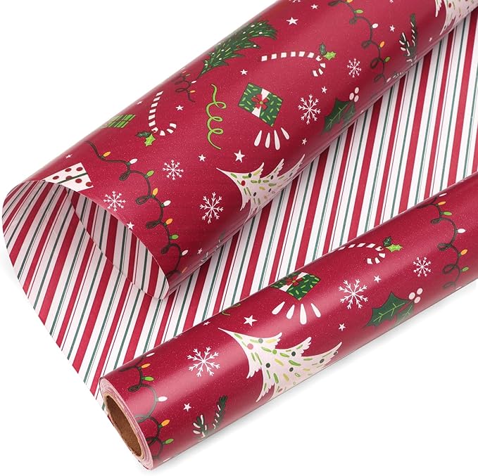 Ribbli Christmas Wrapping Paper Reversible Christmas Tree and Red Green Stripe by Ribbli
