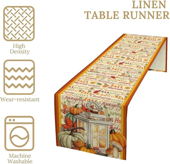 Autumn Table Runner, Farmhouse Leaves Pumpkin Thanksgiving Table Cloth - Image 4