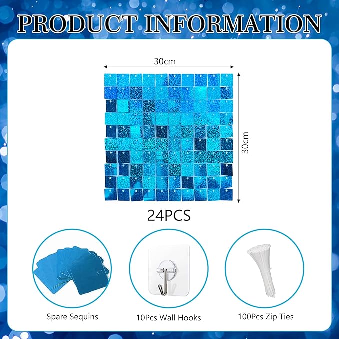 24PCS Lake Blue Shimmer Wall Backdrop, Laser Square Sequin Photo Backdrops Panel - Image 2