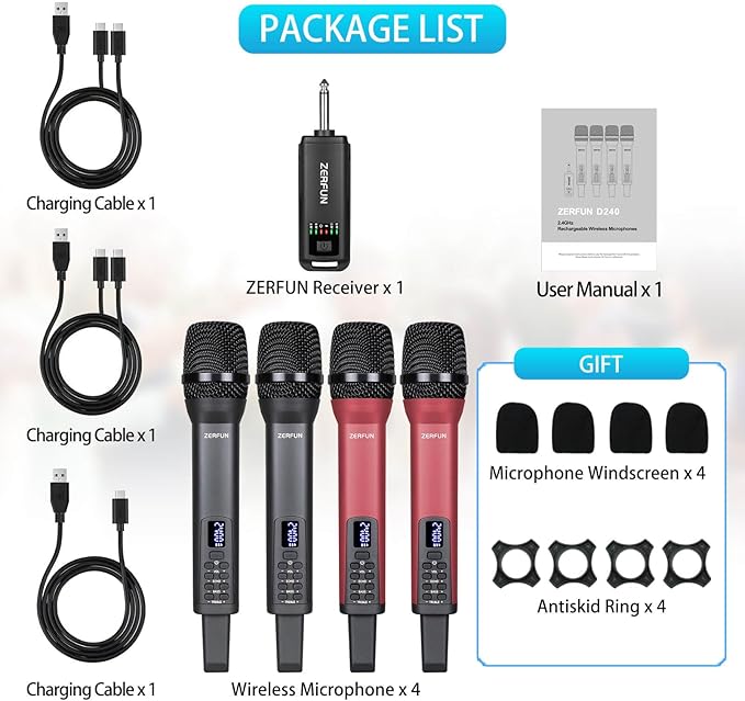 Rechargeable Wireless Microphones 4, Pro Handheld Cordless Mics System Dynamic - Image 7