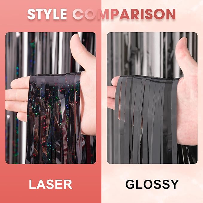 2 Pack Laser Black Tinsel Foil Fringe Curtains, Metallic Tinsel Party Streamers - Image 3
