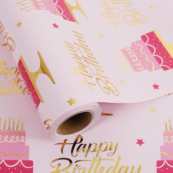 Aimyoo Pink Birthday Wrapping Paper Roll by Aimyoo