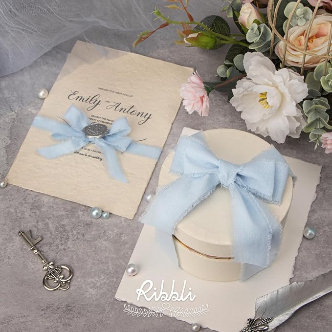 Ribbli 3 Rolls Light Blue Ribbon 1.5 Inch x 18Yards Handmade Cotton Frayed - Image 5